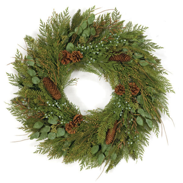 UNLIT Artificial Beverly Wreath with Eucalyptus/Juniper/Twigs/Pine Cones 30"