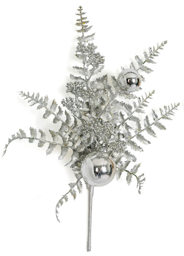 Silver Glittered Fern Spray with ornament