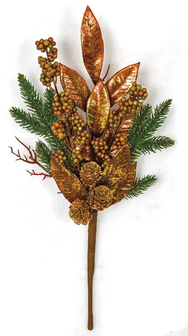 Glittered Green Pine spray with copper leaves and pinecones 15.5"