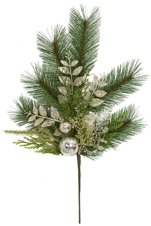 Artificial Glittered Mixed Pine Spray with Champagne/Silver 20"