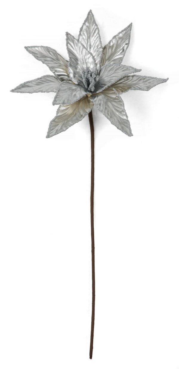 Silver Poinsettia Stem With Beaded Trim 22"